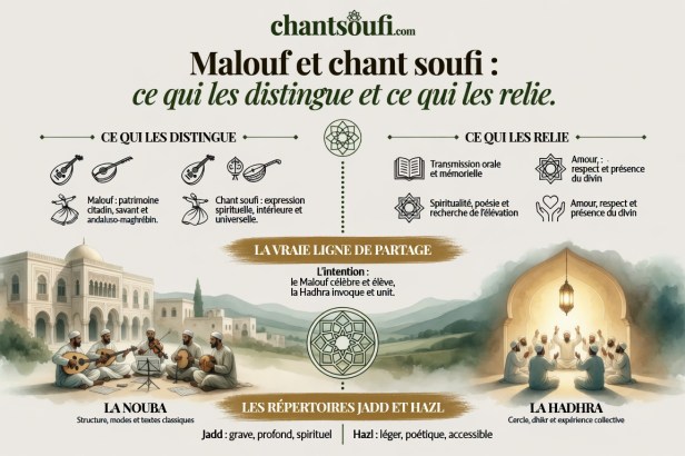 Le malouf est savant, le chant soufi est rituel. Mais la vraie frontière passe à l'intérieur du malouf lui-même : entre le jadd, son versant religieux, et le hazl, son versant profane.