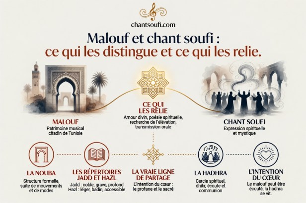 Le malouf est savant, le chant soufi est rituel. Mais la vraie frontière passe à l'intérieur du malouf lui-même : entre le jadd, son versant religieux, et le hazl, son versant profane.