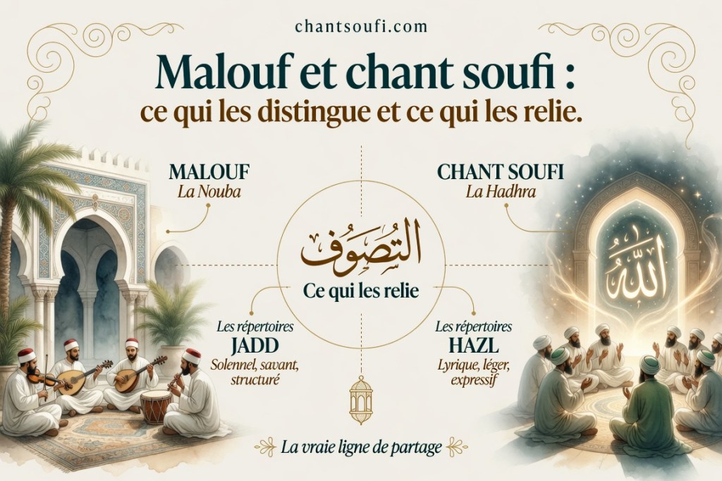 Le malouf est savant, le chant soufi est rituel. Mais la vraie frontière passe à l'intérieur du malouf lui-même : entre le jadd, son versant religieux, et le hazl, son versant profane.